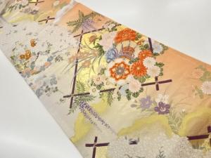 菱に鼓・花葉模様織出し袋帯